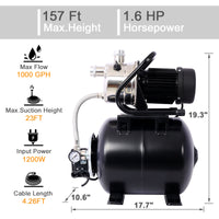 1.6HP Shallow Well Pump with Pressure Tank,garden water pump, Irrigation Pump,Automatic Water Booster Pump for Home Garden Lawn Farm，stainless steel head