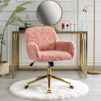 A&A Furniture Office Chair,Artificial rabbit hair Home Office Chair with Golden Metal Base,Adjustable Desk Chair Swivel Office Chair,Vanity Chair(Pink)