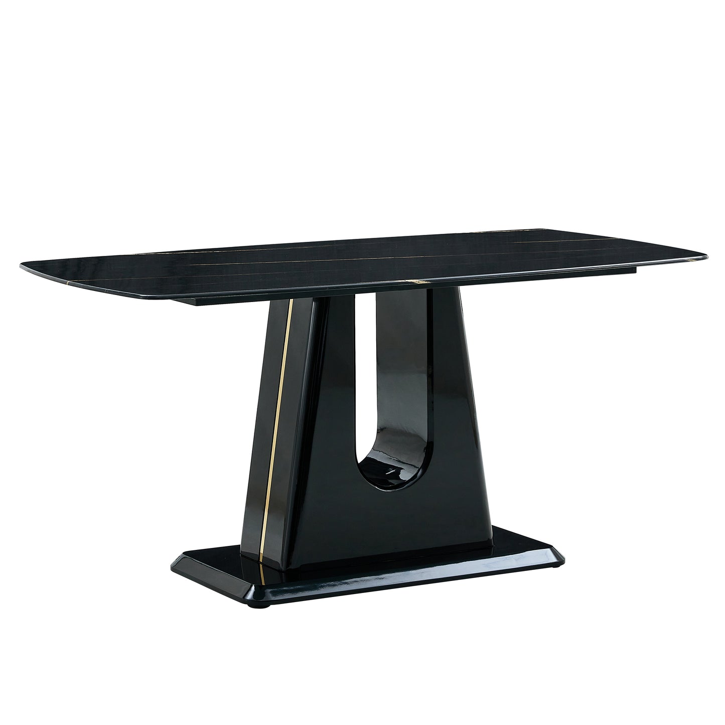 A modern, minimalist, and luxurious table. A black imitation marble tabletop with MDF U-shaped legs. Dining table, computer table. For restaurants and living rooms 63" * 35.4"* 30" F-U