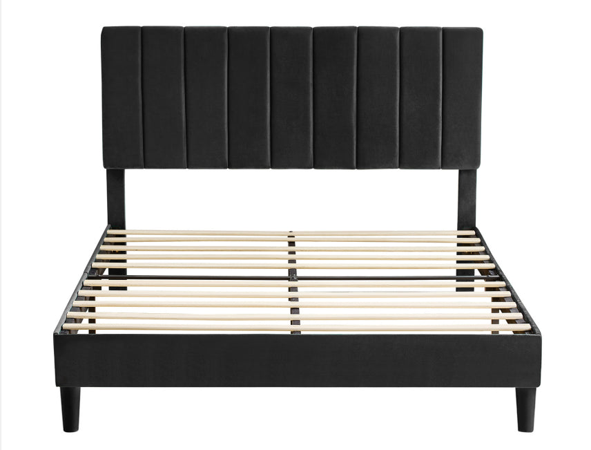 Queen Size Platform Bed with Upholstered Headboard and Slat Support, Heavy Duty Mattress Foundation, No Box Spring Required, Easy to Assemble, Black