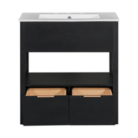 30" Bathroom Vanity with Sink Top, Bathroom Cabinet with Open Storage Shelf and Two Drawers, One Package, Black