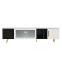 ON-TREND Stylish TV Stand with Golden Metal Handles&Legs, Two-tone Media Console for TVs Up to 80", Fluted Glass Door TV Cabinet with Removable Compartment for Living Room, White