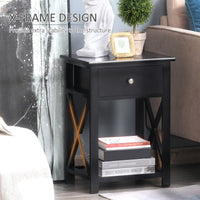 HOMCOM Side Table, Farmhouse End Table with Storage Drawer, Open Shelf and X-frame, Bedside Table for Living Room, Black