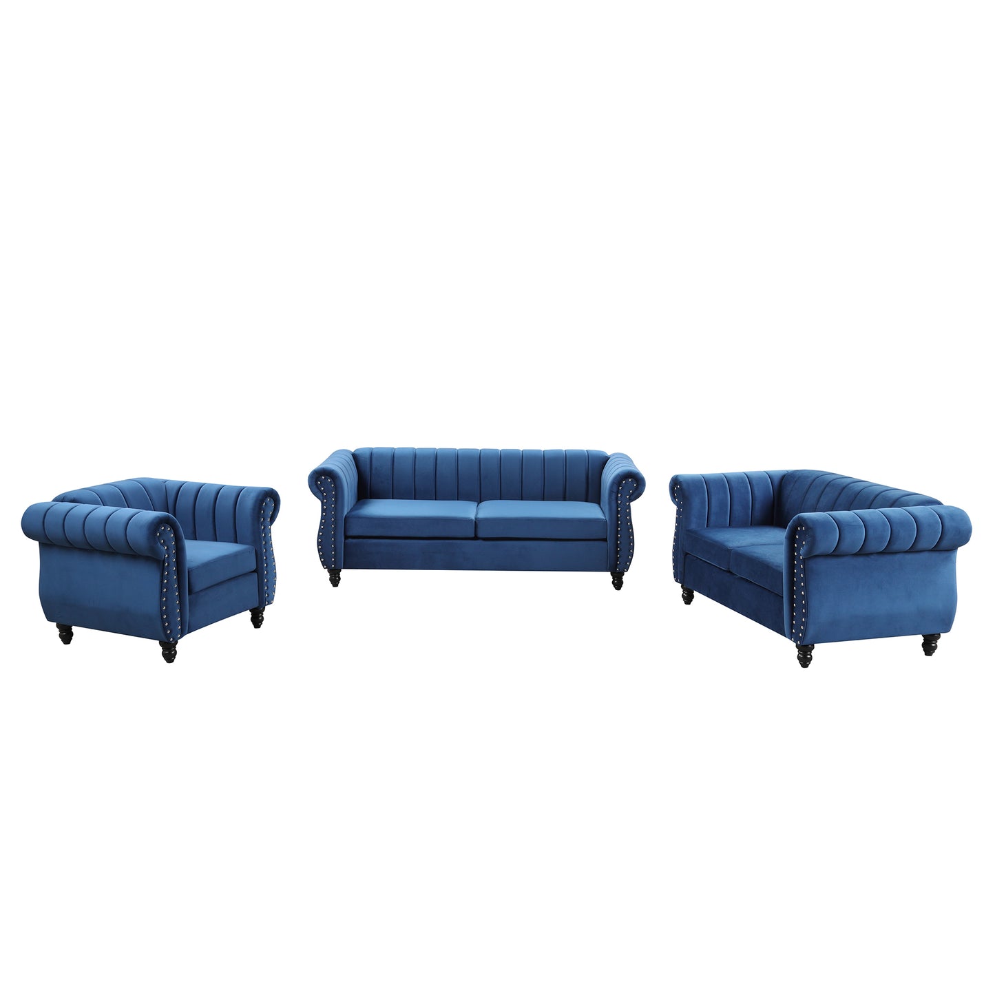 Modern three-piece sofa set with solid wood legs, buttoned tufted backrest, frosted velvet upholstered sofa set including three-seater sofa, double seater and living room furniture set Single chair