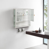 23.62"Glass Doors Modern Two-door Wall Cabinet with Featuring Two-tier Enclosed Storage, an Open Shelf, and Towel Rack, for Entryway Living Room Bathroom Dining Room