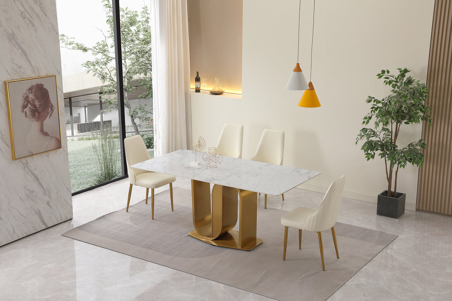 71" Contemporary Dining Table  Sintered Stone  U shape Pedestal Base in Gold finish with 6 pcs Chairs .