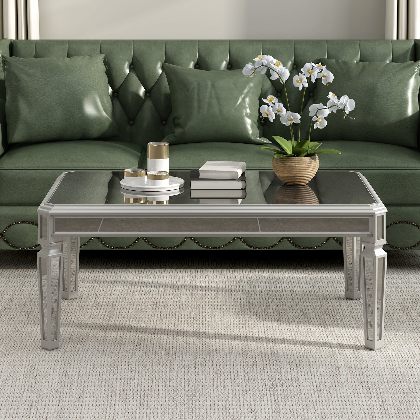 ON-TREND Sleek Glass Mirrored Coffee Table with Adjustable Legs, Easy Assembly Cocktail Table with Sturdy Design, Luxury Contemporary Center Table for Living Room, Silver