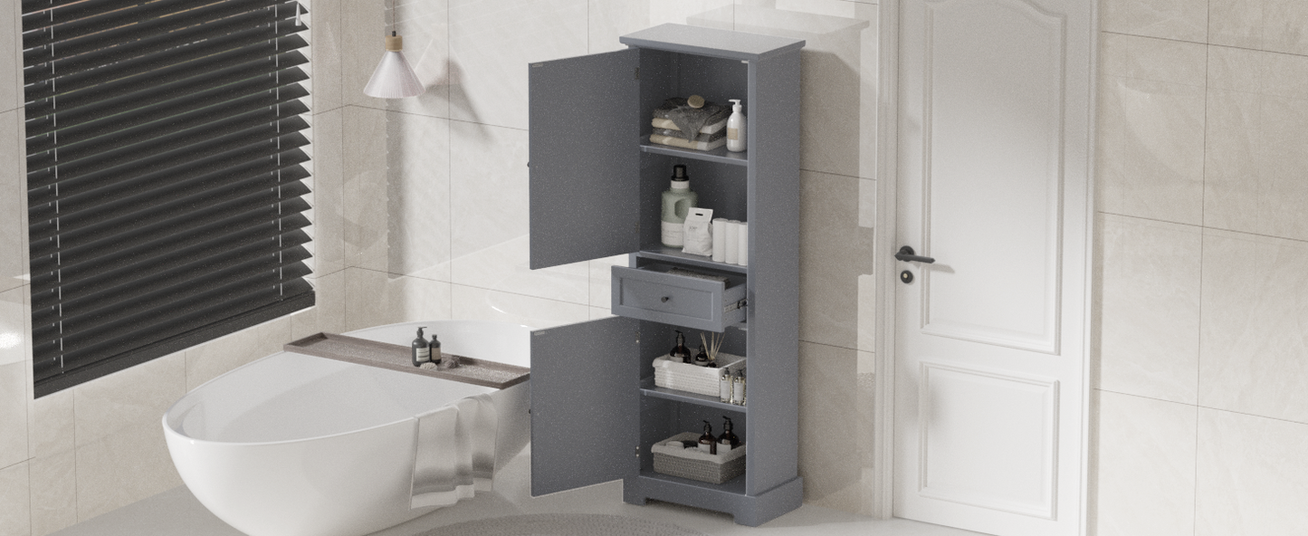 Bathroom Storage Cabinet, Tall Storage Cabinet with Two Doors and Drawer, Adjustable Shelf, Grey