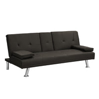 Sofa Bed with Armrest two holders  WOOD FRAME, STAINLESS LEG, FUTON BROWN  PVC,DARK BROWN