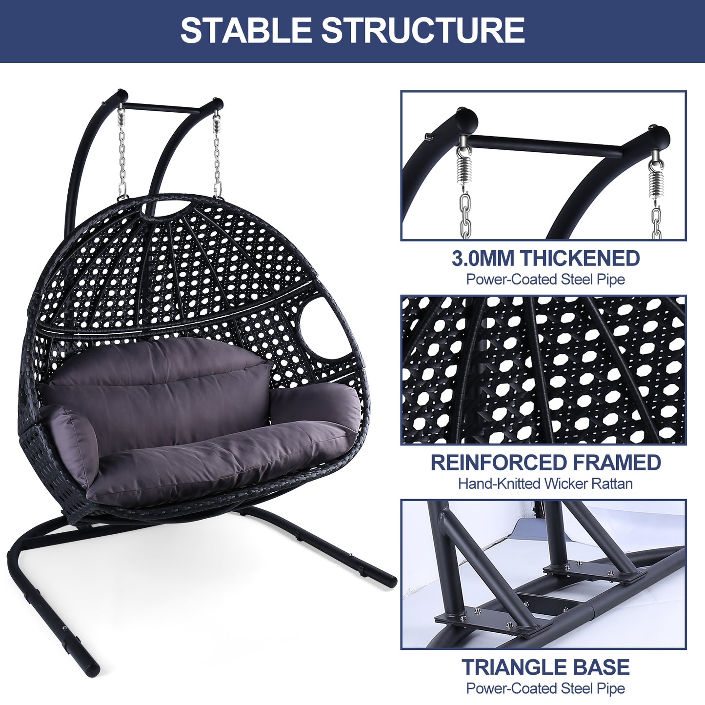 Double Swing Egg Chair with Stand Indoor Outdoor, UV Resistant Cushion 2 People Hanging Chair Anti-Rust Wicker Rattan Frame 530 lbs Capacity Oversized Hammock Chair for Patio Bedroom Balcony Black