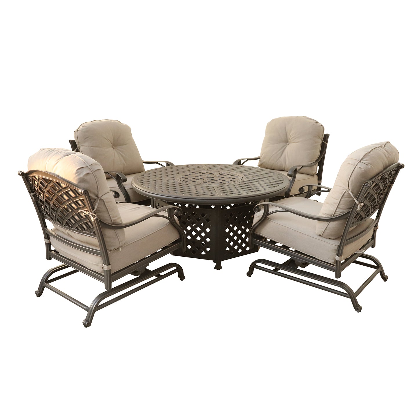 5 Piece Aluminum Chat high Fire Pit Set, 4 Club Motion Chairs with Round Firepit Table, Sand Dollar