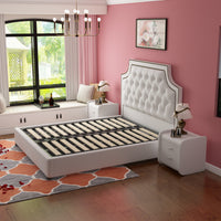 Bed Frame with Button Tufted Headboard, Faux Leather Upholstered Platform Bed Frame, Wooden Slat Support.