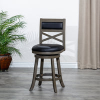 30" Bar Height X-Back Swivel Stool,  Weathered Gray Finish, Black Leather Seat