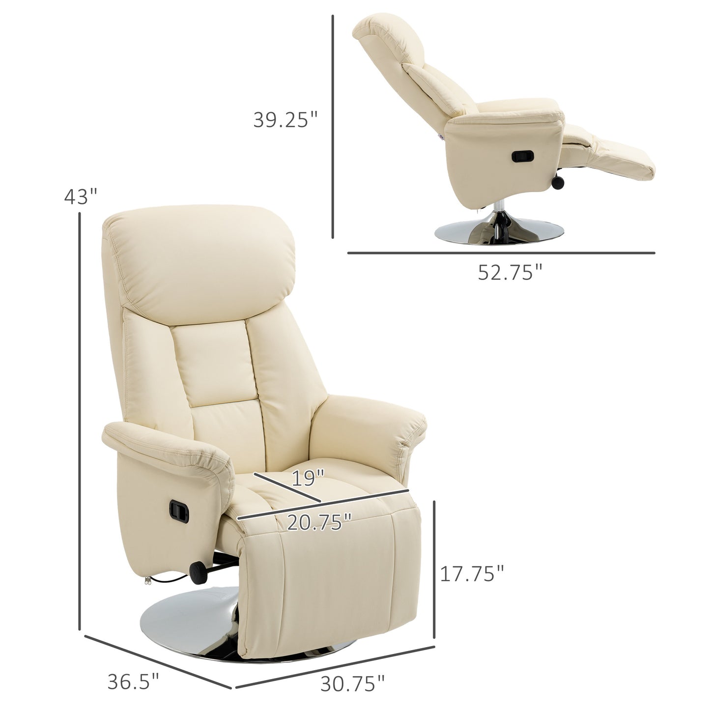 HOMCOM Manual Recliner Chair for Adults, Adjustable Swivel Recliner with Footrest, Padded Arms, PU Leather Upholstery and Steel Base for Living Room, Cream White