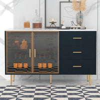 TREXM Modern Sideboard MDF Buffet Cabinet Marble Sticker Tabletop and Amber-yellow Tempered Glass Doors with Gold Metal Legs & Handles (Navy Blue)