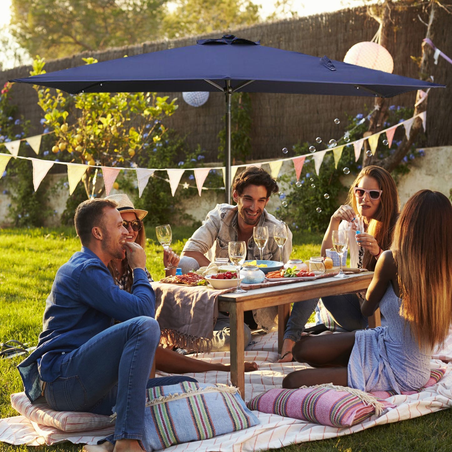 10ft Patio Umbrella with Solar Lights - 30 LED Rectangular Tilt Umbrella Aluminum Pole