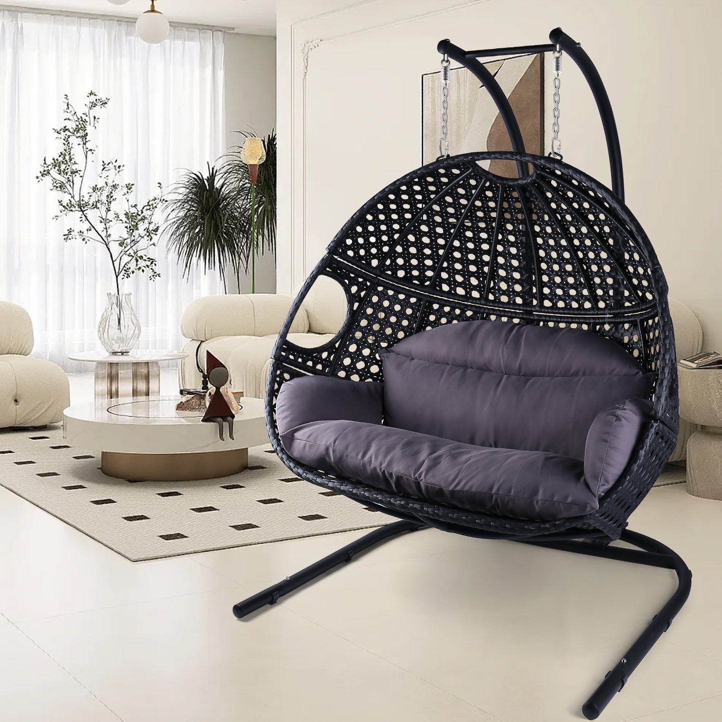 Double Swing Egg Chair with Stand Indoor Outdoor, UV Resistant Cushion 2 People Hanging Chair Anti-Rust Wicker Rattan Frame 530 lbs Capacity Oversized Hammock Chair for Patio Bedroom Balcony Black