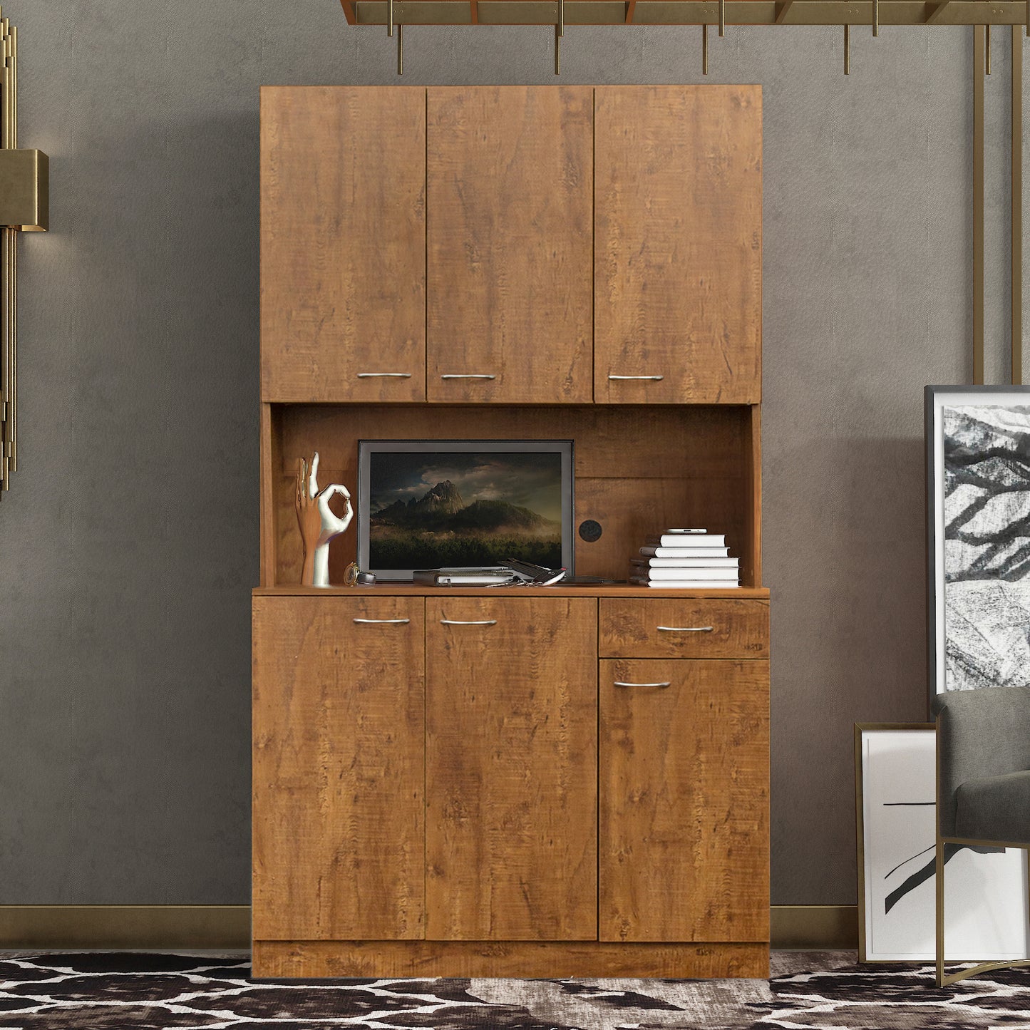 70.87" Tall Wardrobe& Kitchen Cabinet, with 6-Doors, 1-Open Shelves and 1-Drawer for bedroom,Walnut