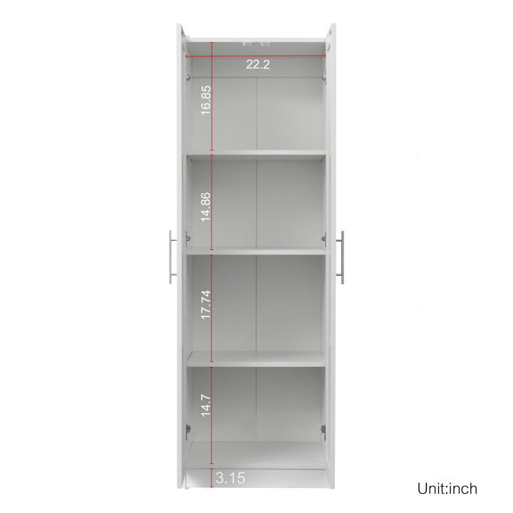 High wardrobe and kitchen cabinet with 2 doors and 3 partitions to separate 4 storage spaces, White