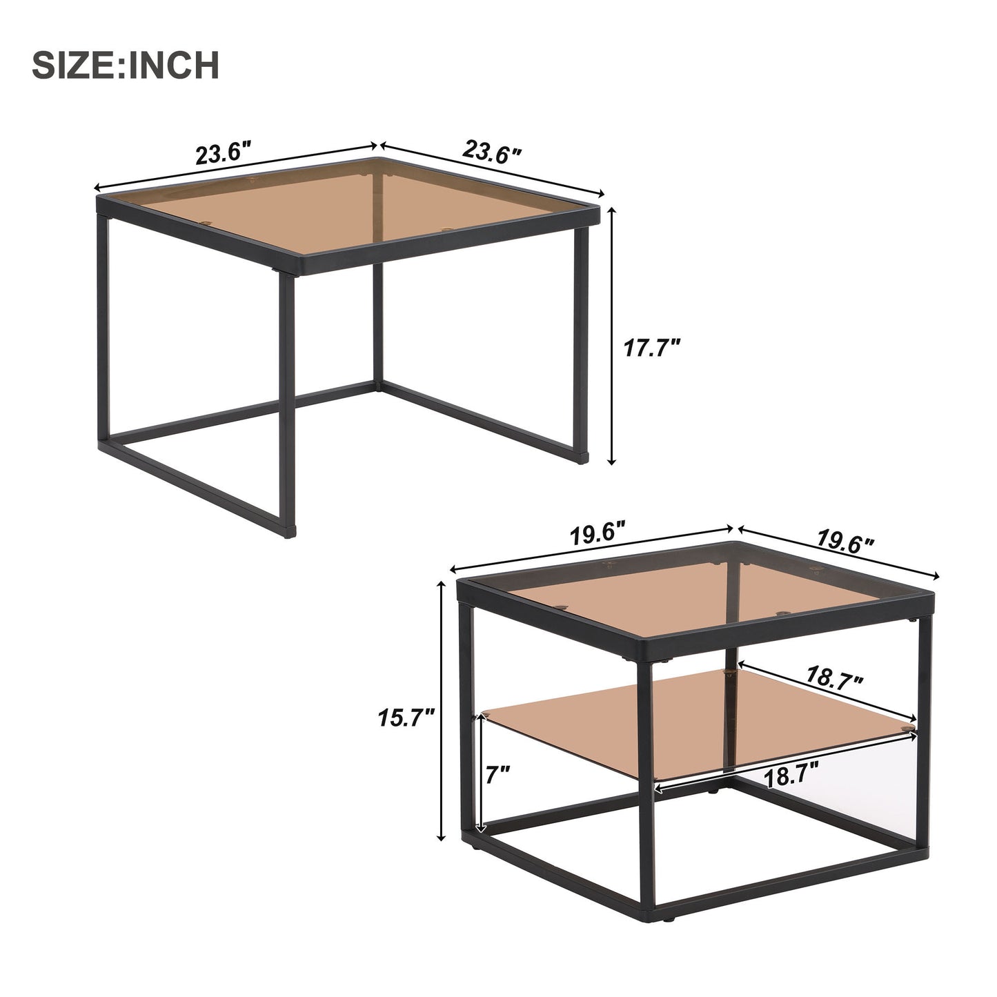 ON-TREND Modern Nested Coffee Table Set with High-low Combination Design, Brown Tempered Glass Cocktail Table with Metal Frame, Length Adjustable 2-Tier Center&End Table for Living Room, Black