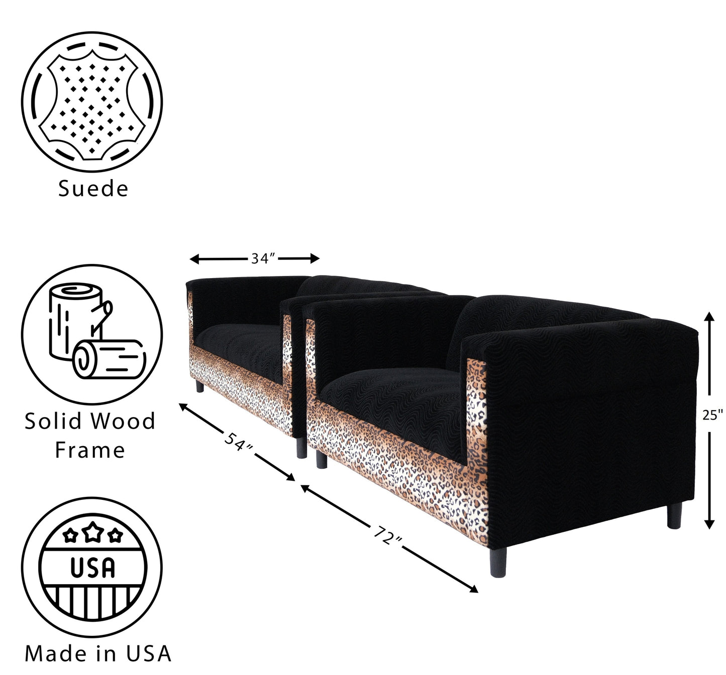 Black Velvet Loveseat and Sofa Set for Living Room with Leopard Print, Modern Décor Couch Sets for Living Room, Bedrooms with Solid Wood Frame