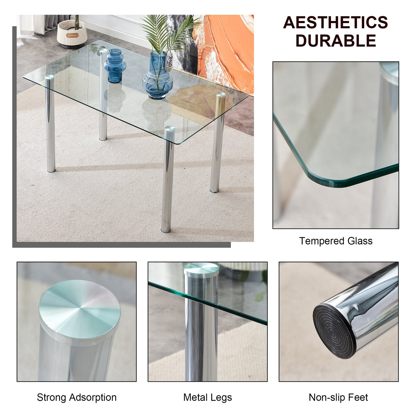 Modern minimalist glass dining table. A transparent tempered glass desktop with a thickness of 0.3 feet and silver metal legs. Suitable for restaurants and living rooms.   51"*31.4"*29.5"