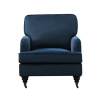 Velvet Accent Chair, Sofa Armchair with Casters, Mid-Century Modern Velvet Upholstered Comfort Oversized Armchair with Wooden Legs, Reading Chair，Living Room Chair, Dark  Blue