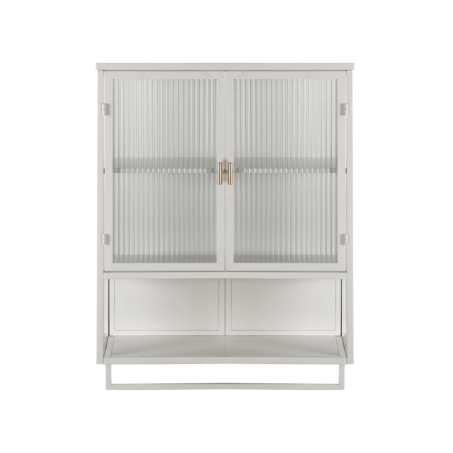 23.62"Glass Doors Modern Two-door Wall Cabinet with Featuring Two-tier Enclosed Storage, an Open Shelf, and Towel Rack, for Entryway Living Room Bathroom Dining Room