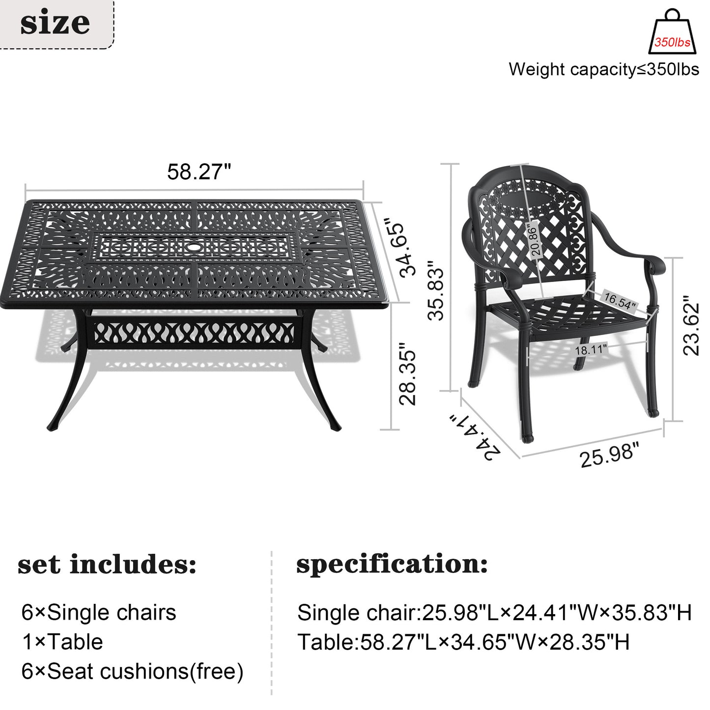 7-Piece Set Of Cast Aluminum Patio Furniture  With Black Frame and  Seat Cushions In Random Colors