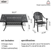 7-Piece Set Of Cast Aluminum Patio Furniture  With Black Frame and  Seat Cushions In Random Colors