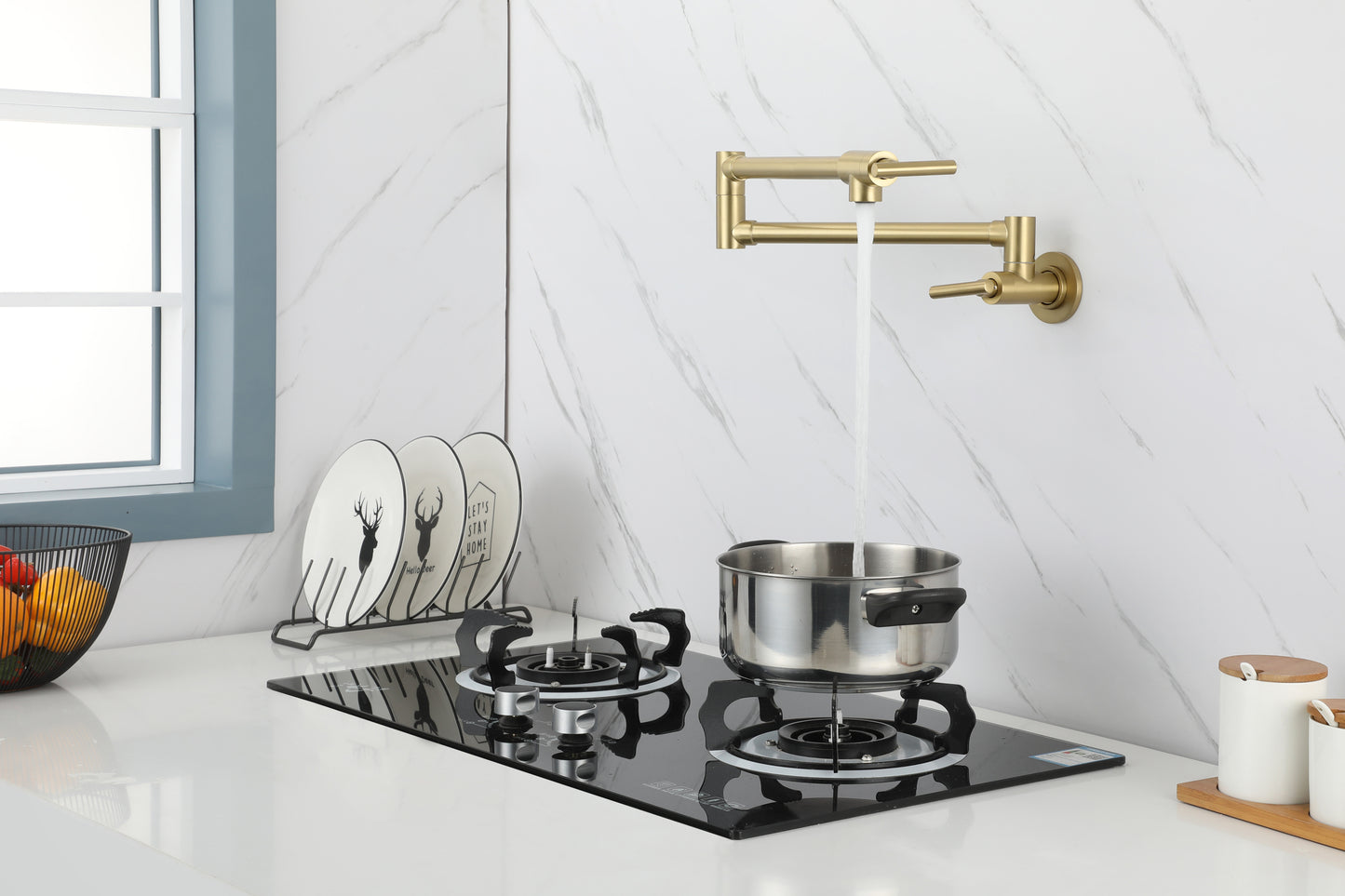 Gold Pot Filler Faucet Wall Mount Kitchen Folding Faucet with Double Joint Swing Arms, Two Handle Design