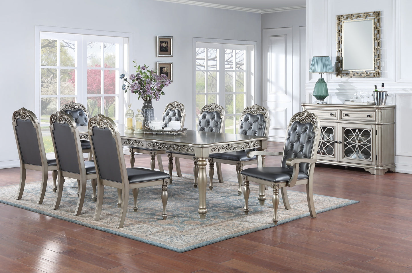 Formal 1pc Dining Table w 2x Leaves Only Silver / Grey Finish Antique Design Rubberwood Large Family Dining Room Furniture