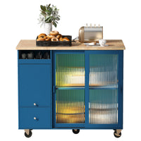 Kitchen Island with Drop Leaf, LED Light Kitchen Cart on Wheels with 2 Fluted Glass Doors and 1 Flip Cabinet Door, Large Kitchen Island Cart with an Adjustable Shelf and 2 Drawers (Navy Blue)