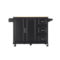 Kitchen Island & Kitchen Cart, Mobile Kitehcn Island with Extensible Rubber Wood Table Top,adjustable Shelf Inside Cabinet for Different Utensils, 3 Big Drawers, with Spice Rack, Towel Rack, Black-Bee