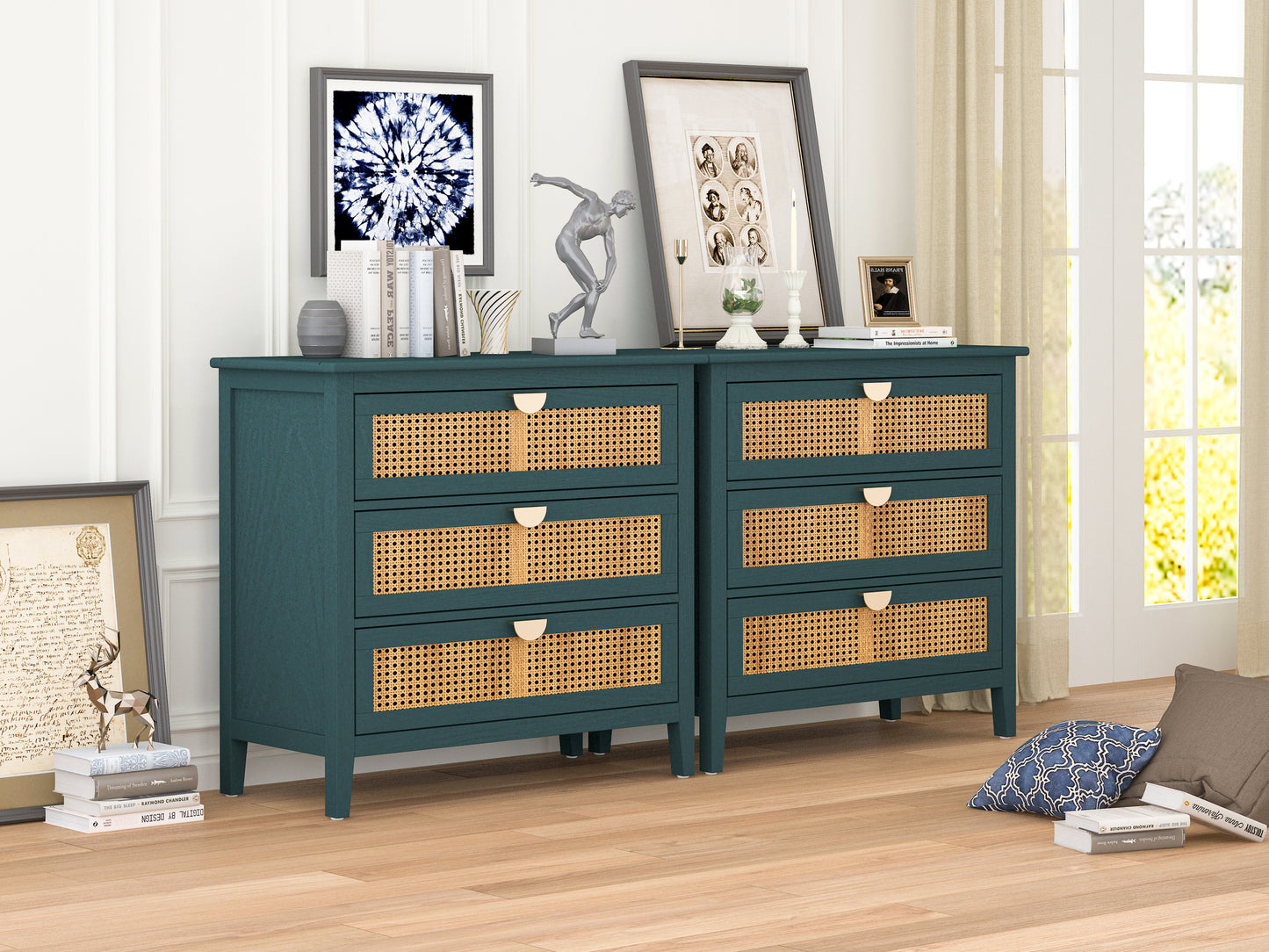 3 Drawer Cabinet,Natural rattan,American Furniture,Suitable for bedroom, living room, study