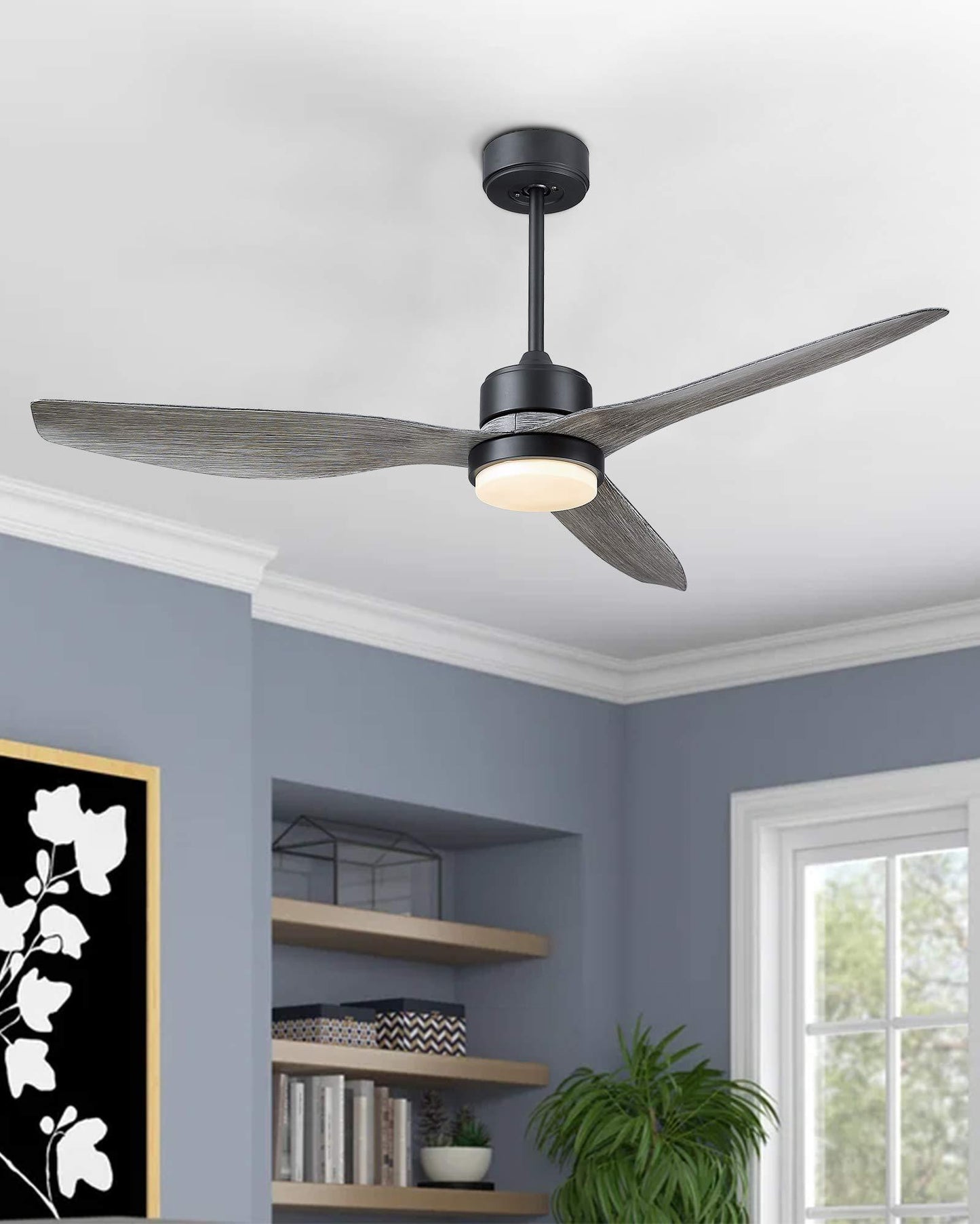 52 Inch Blade LED Propeller Ceiling Fan with Remote Control, Wood Color