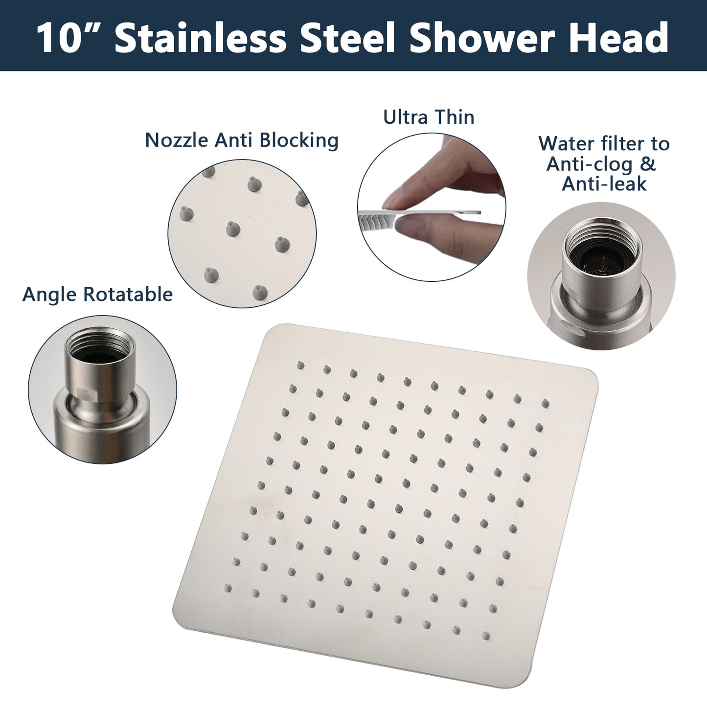 Brushed nickel 10" Square Rainfall & High Pressure Stainless Steel Bath Shower head