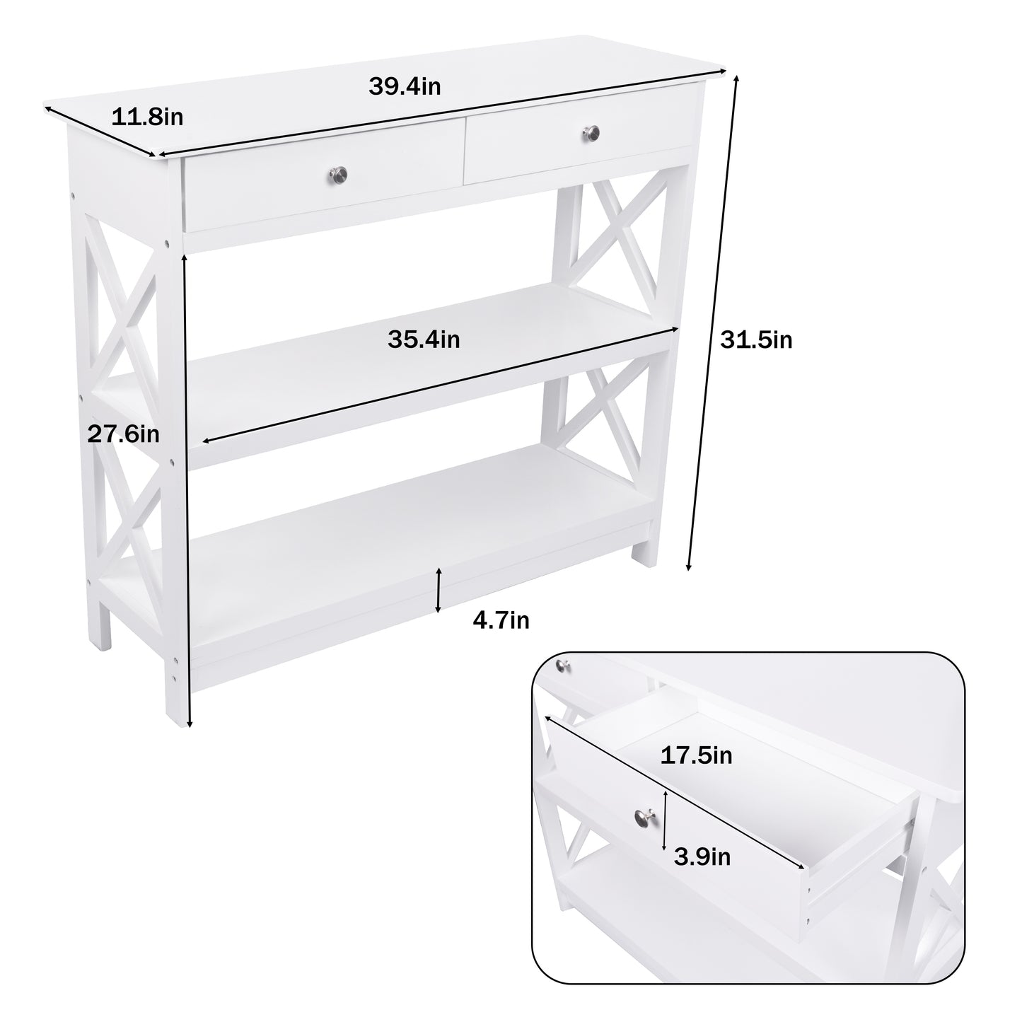 Console Table with Drawer,3-Tier Entryway Table with Storage Shelves, Wood Narrow Sofa Table for Entryway/Hallway/Living Room,White