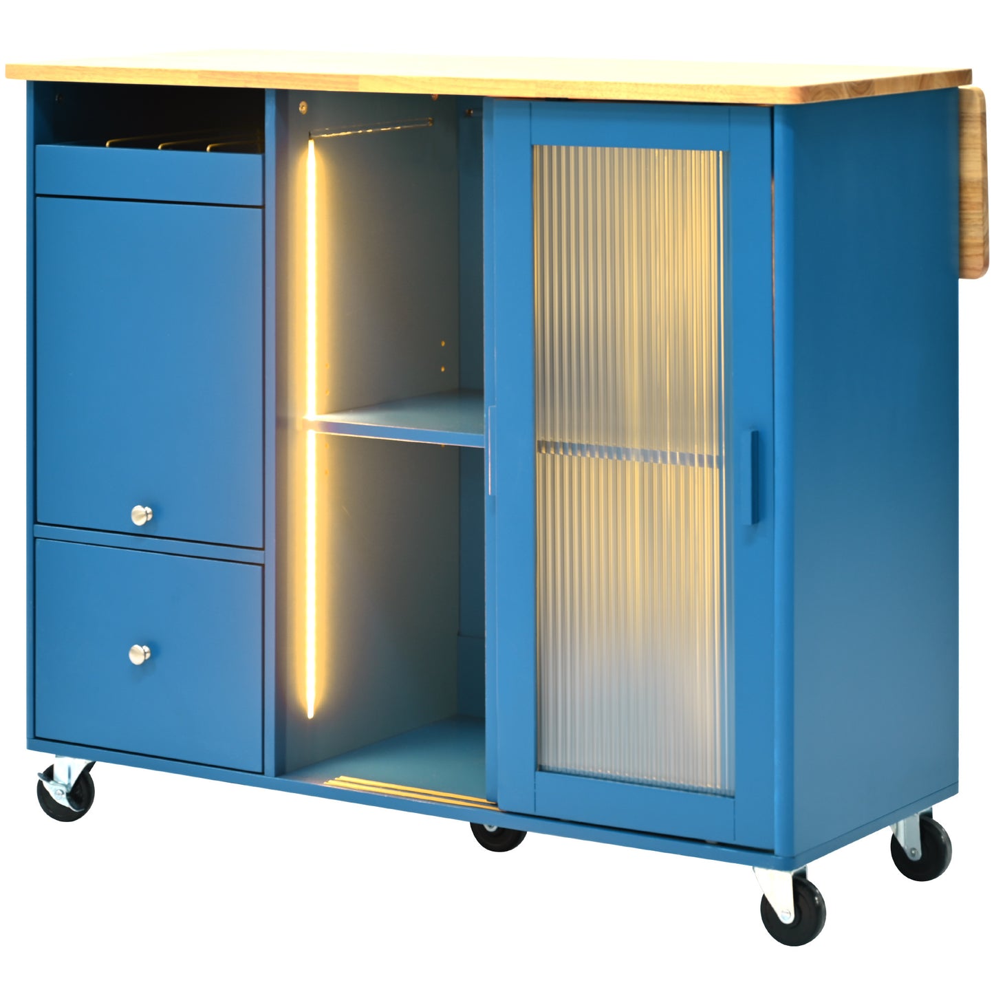 Kitchen Island with Drop Leaf, LED Light Kitchen Cart on Wheels with 2 Fluted Glass Doors and 1 Flip Cabinet Door, Large Kitchen Island Cart with an Adjustable Shelf and 2 Drawers (Navy Blue)