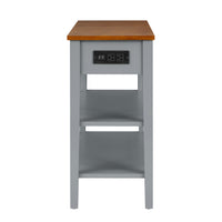 Narrow 2-tone End Table with USB Charging Ports for Small Space, SOLID WOOD Table Legs, Gray and Walnut, 11.8"W*24"D*24.2"H