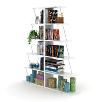 Furnish Home Store Modern 5 Tier Ladder Bookshelf Organizers, Narrow Bookshelf for Small Spaces Office Furniture Bookcase, White/Chrome