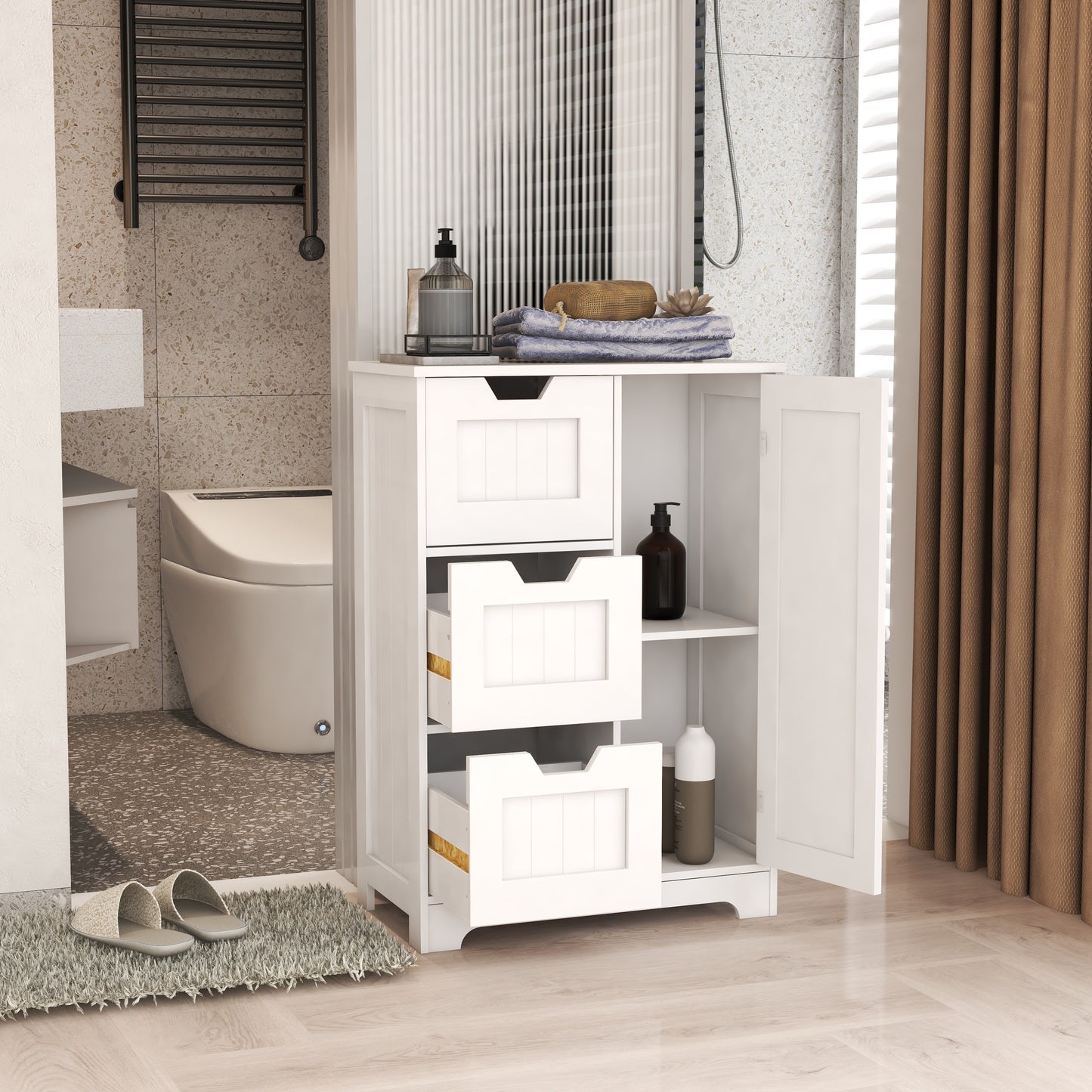 White freestanding storage cabinet for bathroom and living room (one door with three drawers)