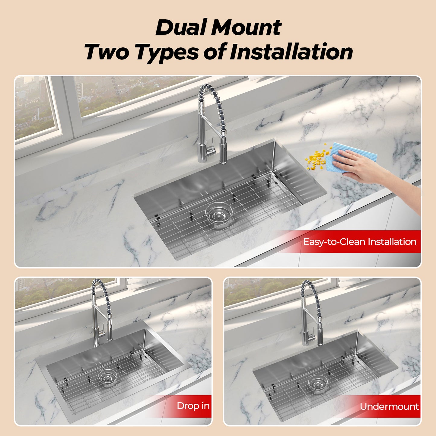 TECASA 33 inch Kitchen Sink - Dual Mount Undermount or Drop-in Sink with Faucet Combo, All-in-One Single Bowl Stainless Steel Sink