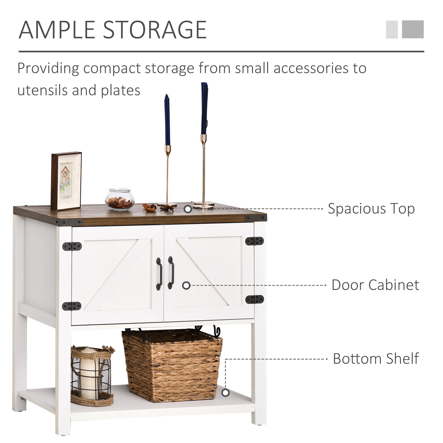 HOMCOM Farmhouse Double Door Coffee Bar Cabinet, Sideboard Buffet Cabinet, Kitchen Cabinet with Bottom Shelf for Entryway, Living Room, White