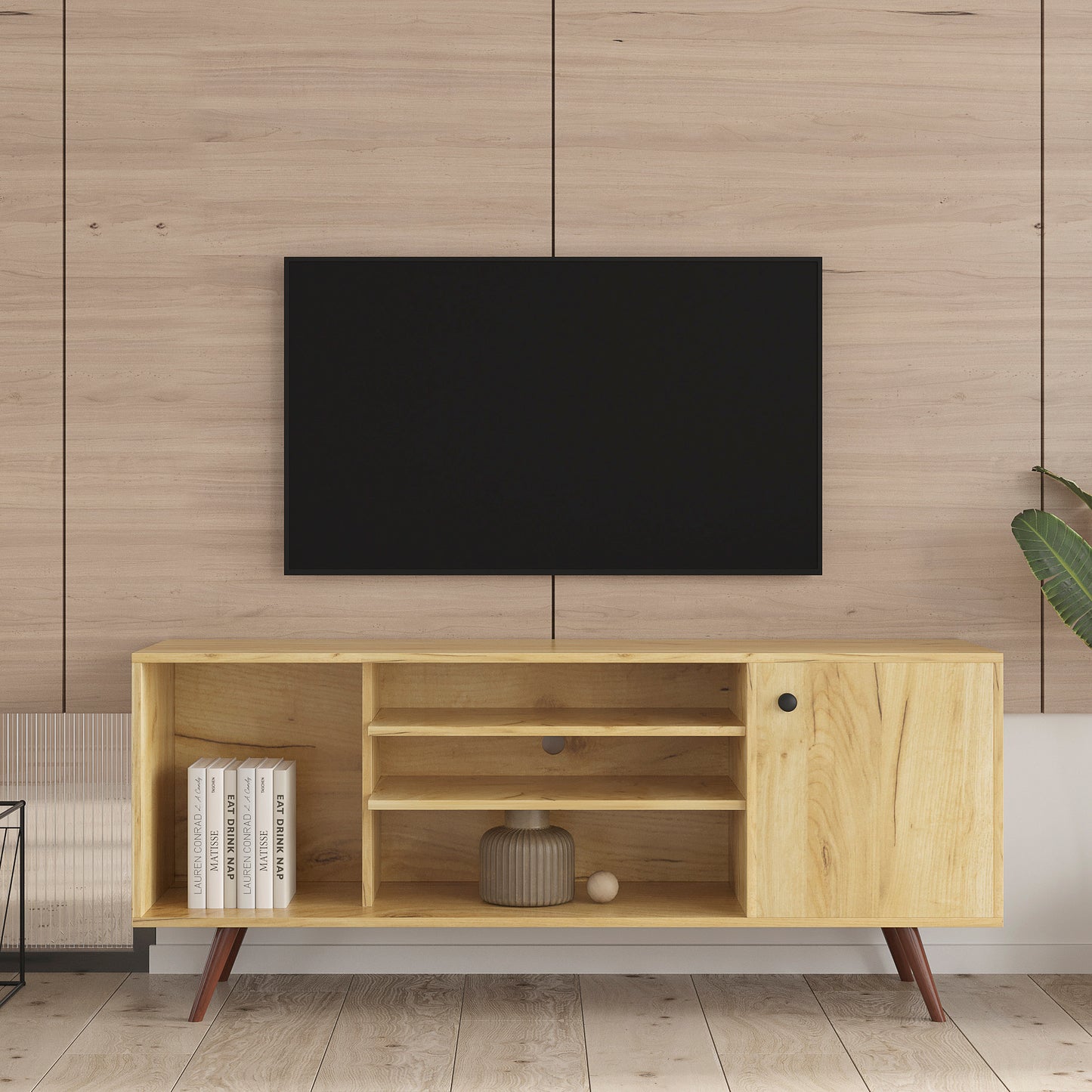 Mid-Century TV Stand for TVs up to 60 Inches, Entertainment Center with Open Storage Shelves & Cabinet, Modern TV Console for Living Room, Rustic Oak.