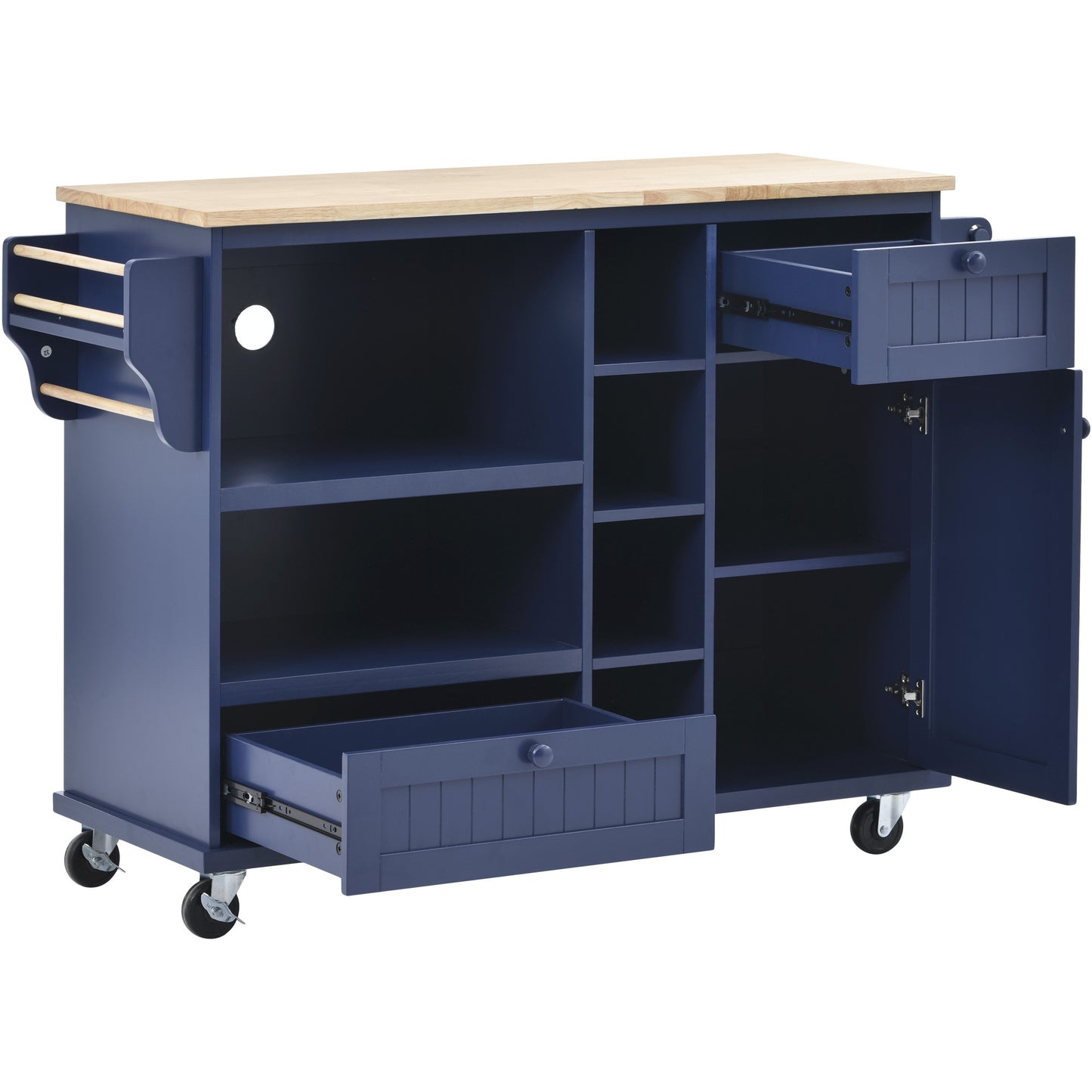 Kitchen Island Cart with Storage Cabinet and Two Locking Wheels,Solid wood desktop,Microwave cabinet,Floor Standing Buffet Server Sideboard for Kitchen Room,Dining Room,, Bathroom(Dark blue)