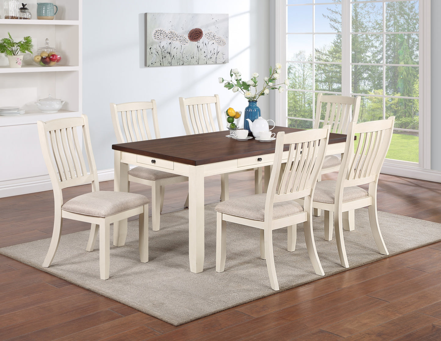 Classic Dining Room Furniture Rectangular Dining Table 1pc Dining Table Only White Rubberwood Walnut Acacia Veneer Table Top w Pull out Drawers