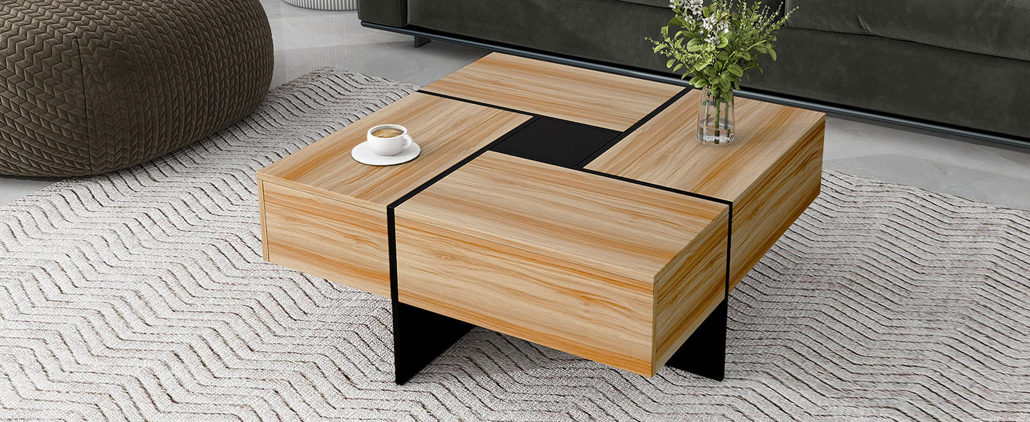 ON-TREND Unique Design Coffee Table with 4 Hidden Storage Compartments, Square Cocktail Table with Extendable Sliding Tabletop, UV High-gloss Design Center Table for Living Room, 31.5"x 31.5"