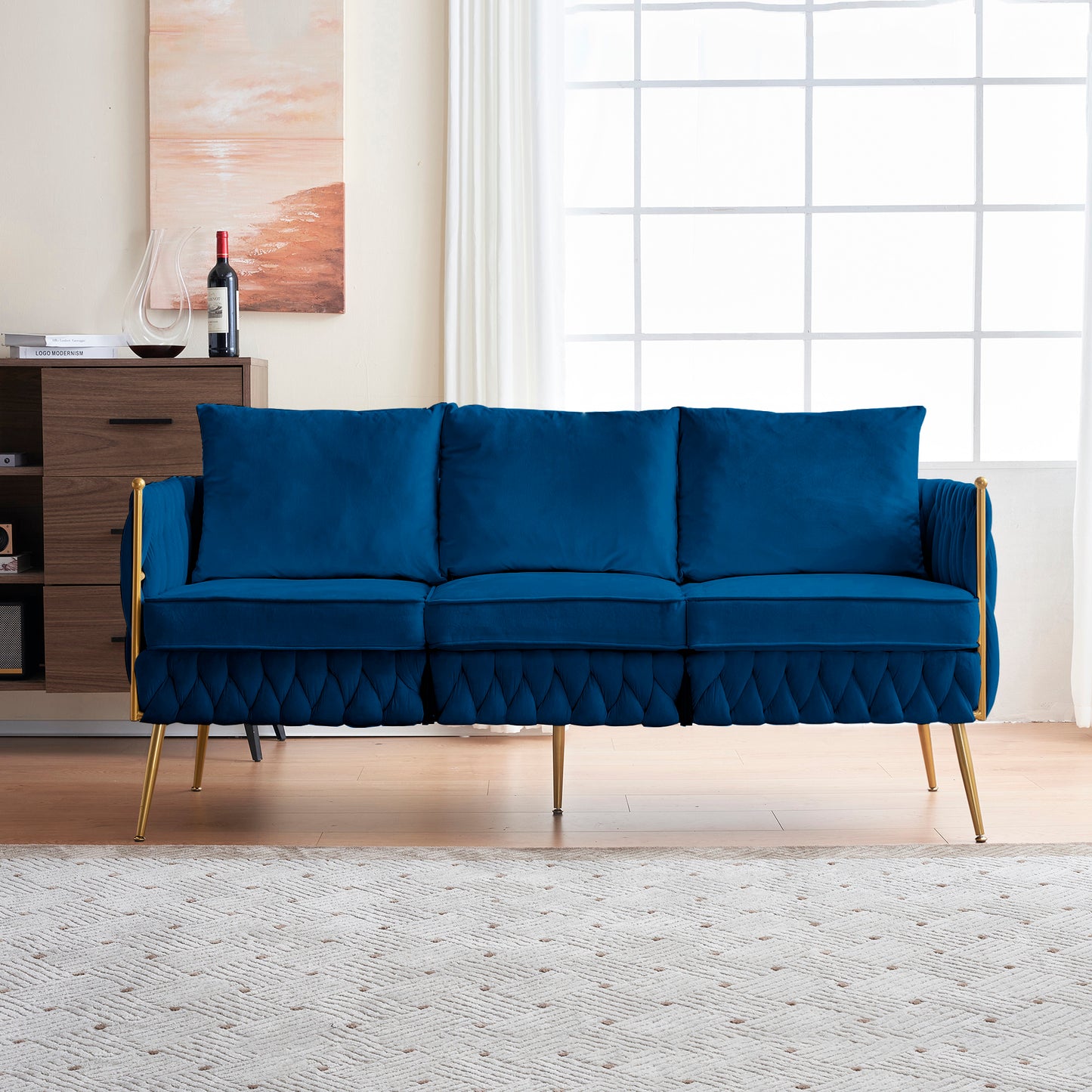 Velvet Couch Sofa for Three People , Upholstered Sofa with Stylish Woven Back, Small Comfy Couch with 3 Pillows, Modern 3-Seat Sofa with Gold Frame for Living Room , Blue Velvet