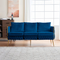 Velvet Couch Sofa for Three People , Upholstered Sofa with Stylish Woven Back, Small Comfy Couch with 3 Pillows, Modern 3-Seat Sofa with Gold Frame for Living Room , Blue Velvet